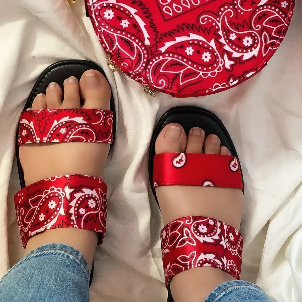Red Bandana Double Strap Slides Sandals